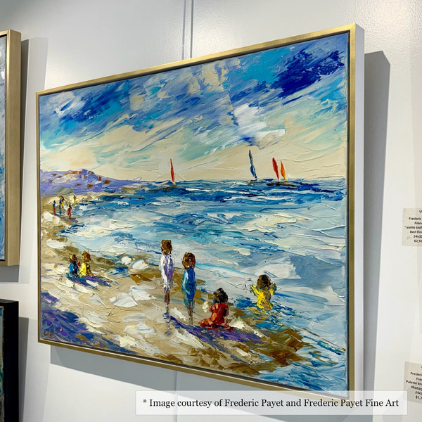 Impressionist painting of a coastal landscape by Frederic Payet, 24 x 36", framed in a Anson Square Gold & White Floater Frame, on display at Frederic Payet Fine Art