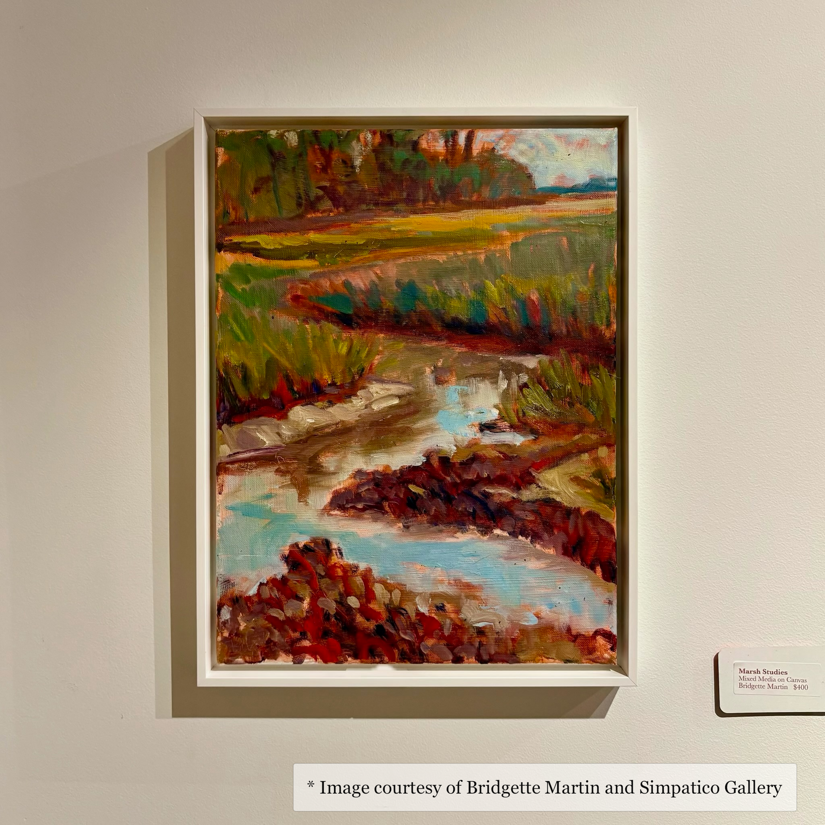 Impressionist marsh painting by Bridgette Martin, framed in a shallow white floater frame at Simpatico Gallery, Hanover.