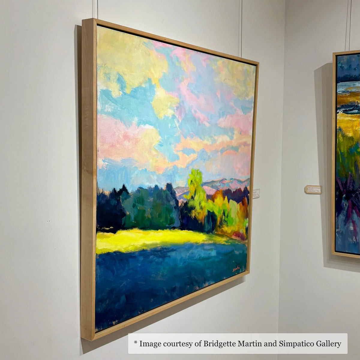 Impressionist rural landscape painting by Bridgette Martin, framed in a natural maple floater frame at Simpatico Gallery, Newbury.
