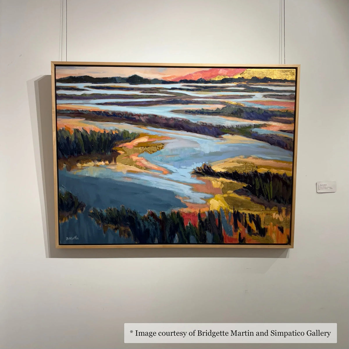 Impressionist rural landscape painting by Bridgette Martin, framed in a natural maple floater frame at Simpatico Gallery, Newbury.
