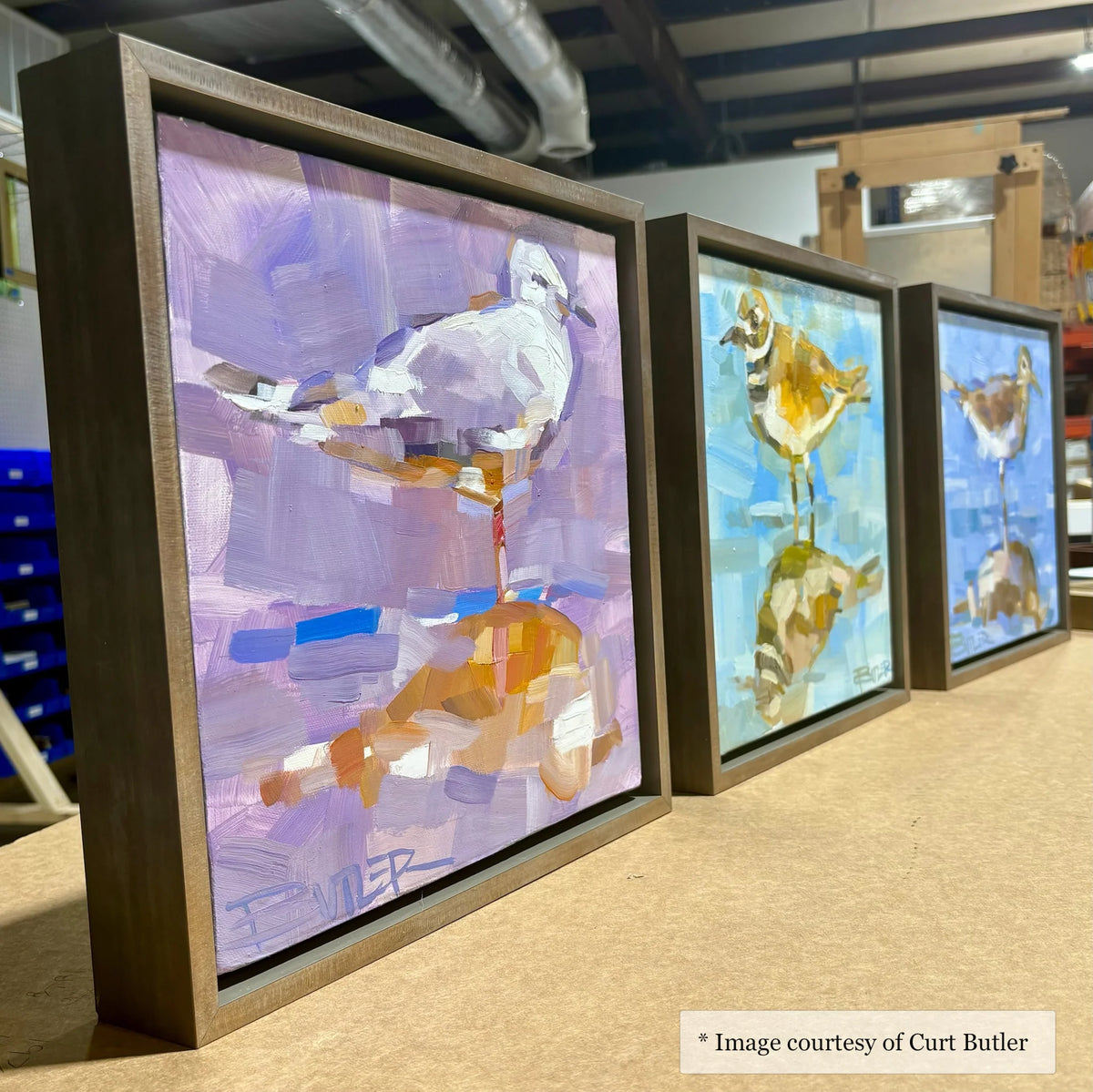 Impressionist bird painting by Curt Butler, framed in an Italian Champagne Floater Frame at an Unknown Gallery. Featuring Logan.