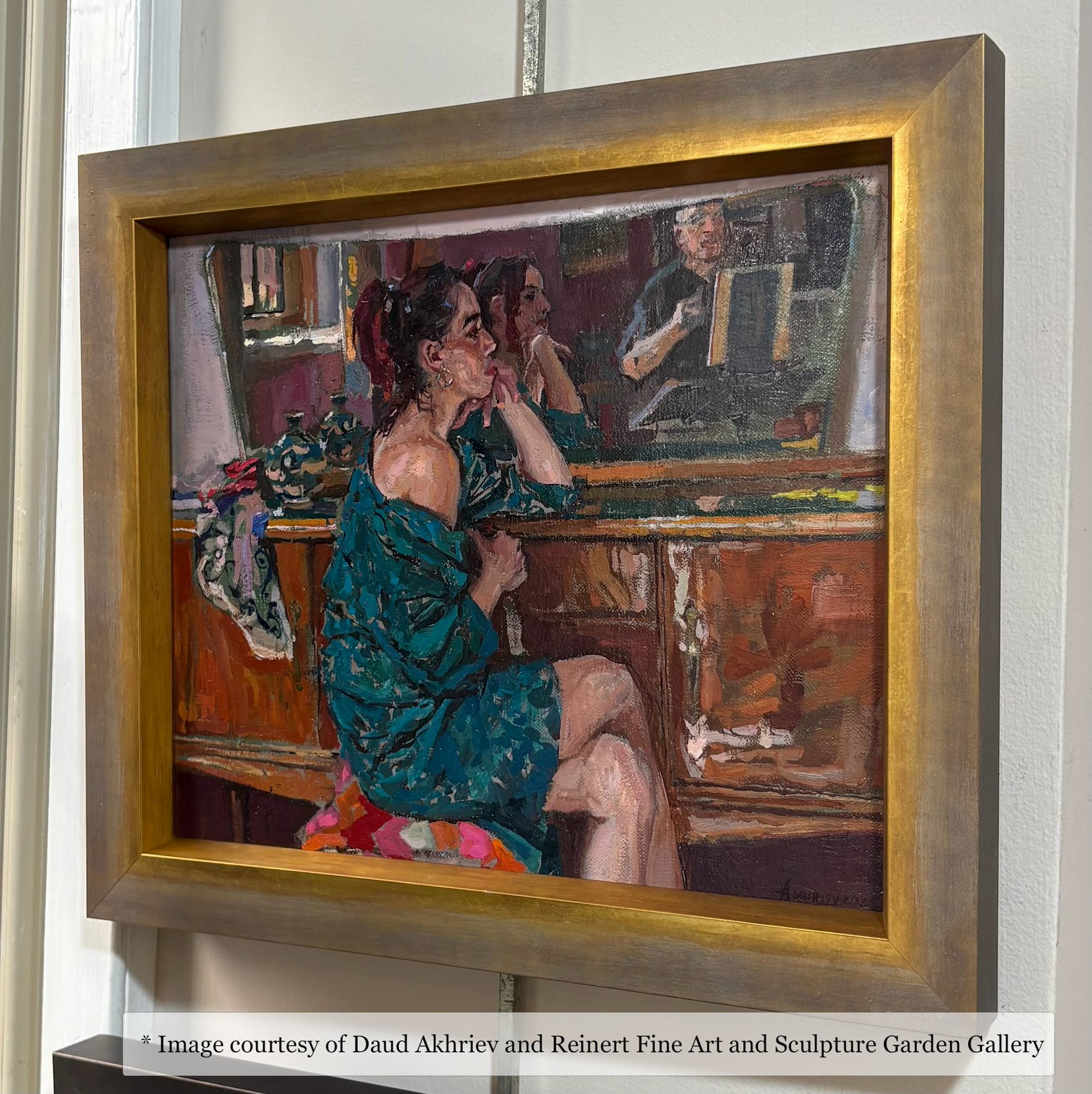 Impressionist figurative artwork by Daud Akhriev, framed in a warm rustic gold at Reinert Fine Art Gallery in Bluffton.