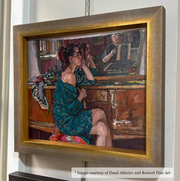 Impressionist figurative artwork by Daud Akhriev, framed in warm rustic gold at Reinert Fine Art, Bluffton.