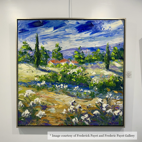 Impressionist rural landscape painting by Frederick Payet, framed in a Hailey Silver Black Floater Frame, from Frederic Payet Gallery.