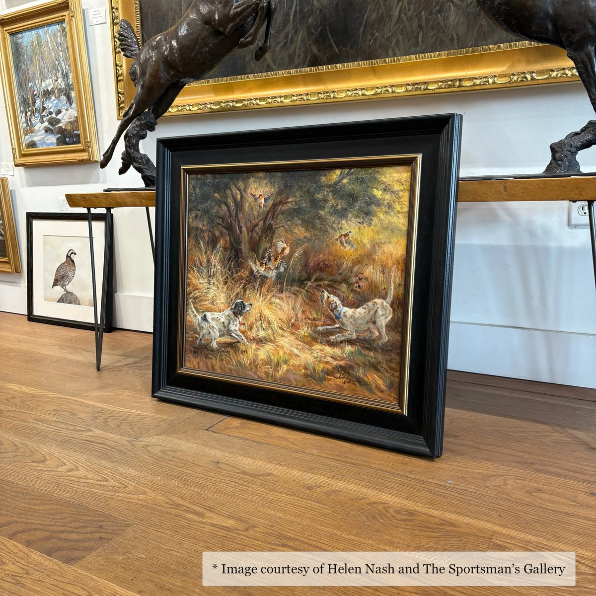 Contemporary sporting artwork by Helen Nash in a wide black and gold frame, exhibited at The Sportsman's Gallery.