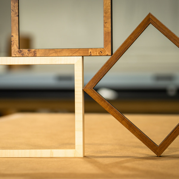 Hilliard Crossgrain Maple Stem Frame, shown with Hilliard Poplar Burl and Hilliard Walnut