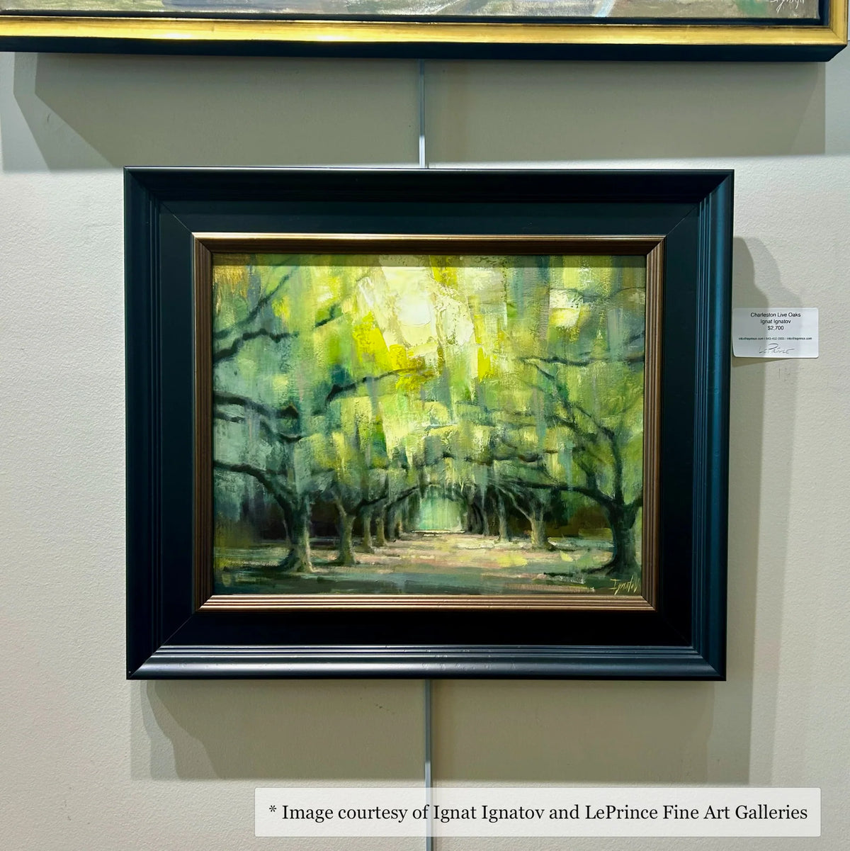 Impressionist rural landscape painting by Ignat Ignatov in a wide black and gold frame, exhibited at LePrince Fine Art Galleries. Frame Meeting series.