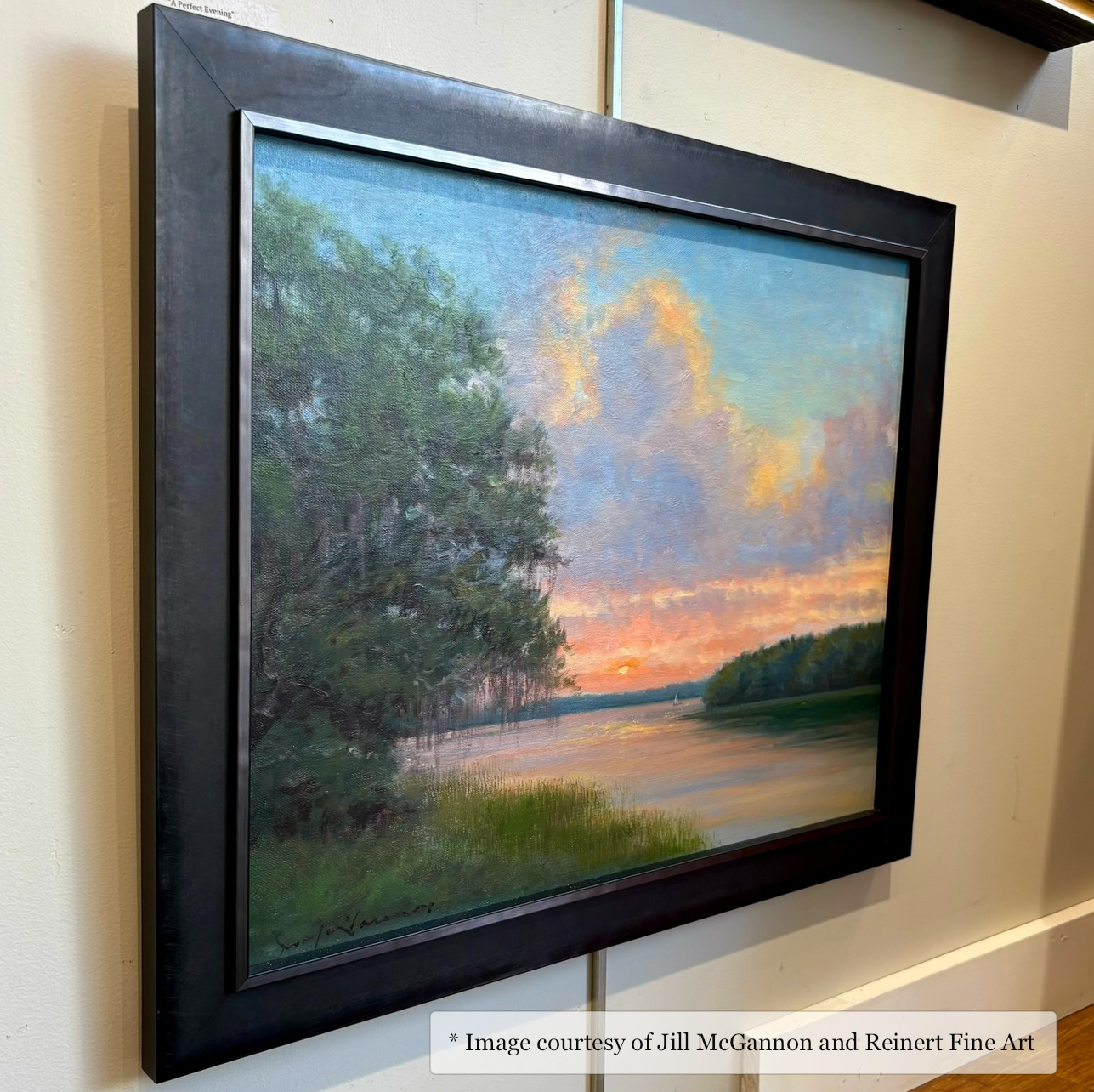 Contemporary marsh landscape painting by Jill McGannon, framed in a black plein air frame from Ashley at Reinert Fine Art.