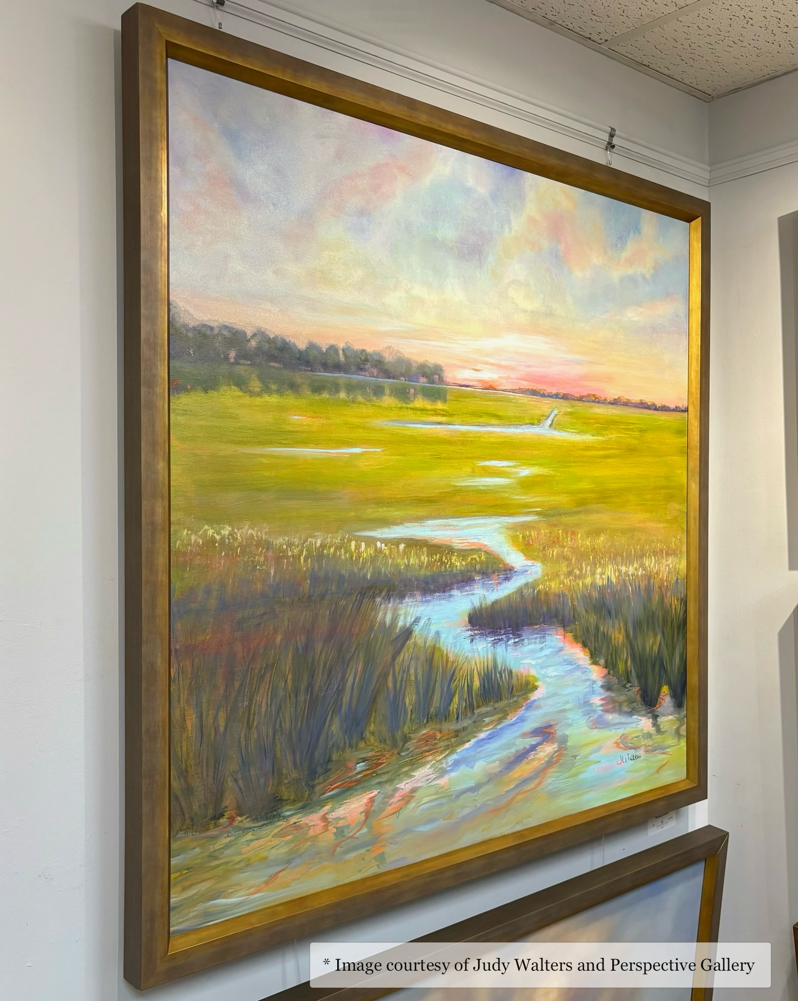 Impressionist marsh landscape painting by Judy Walters in a deep gold Drayton frame at Perspective Gallery.