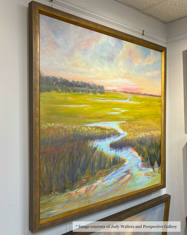 Impressionist marsh landscape painting by Judy Walters in a deep gold Drayton frame at Perspective Gallery.