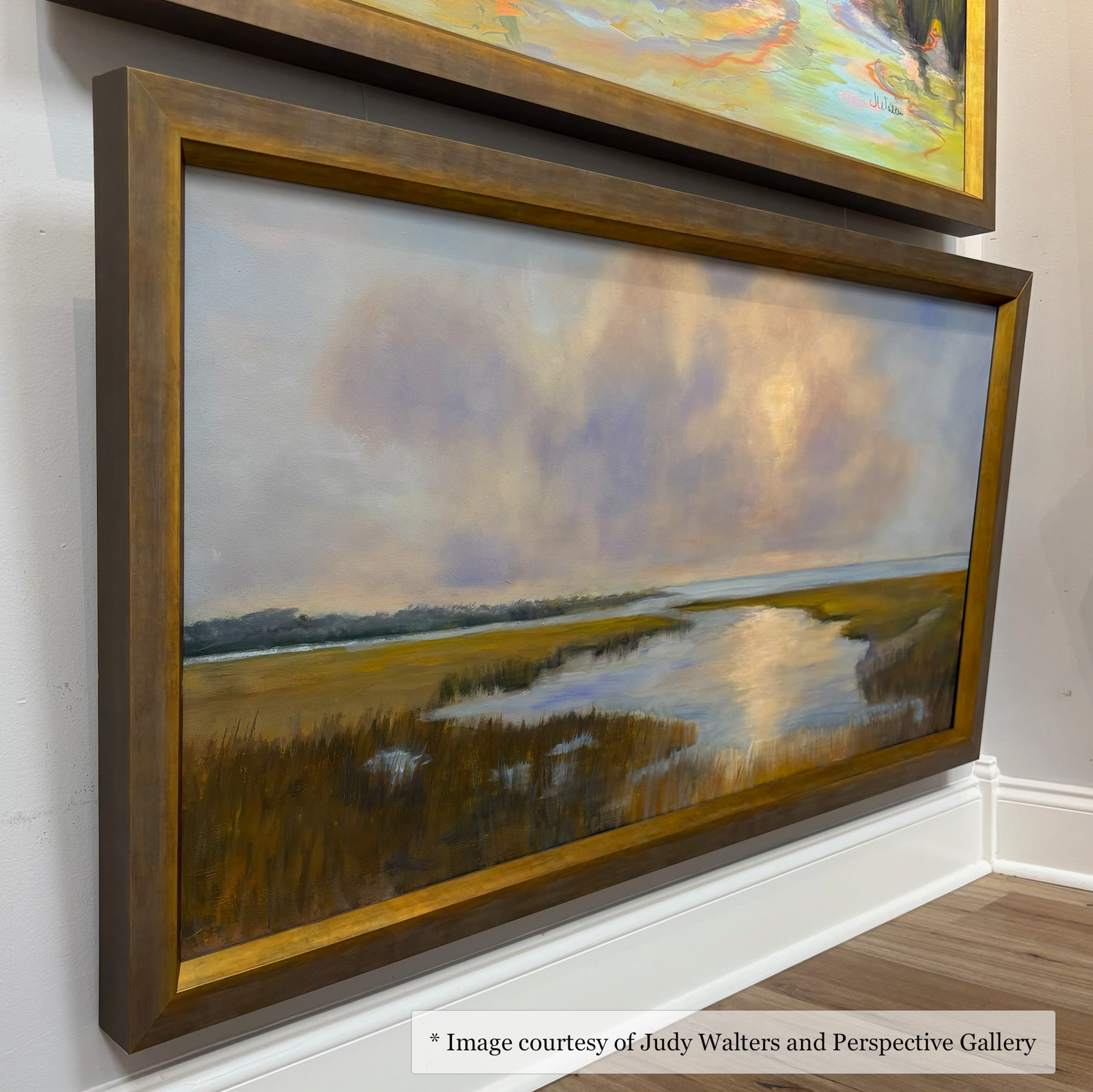 Impressionist marsh landscape painting by Judy Walters in a deep gold Drayton frame at Perspective Gallery.