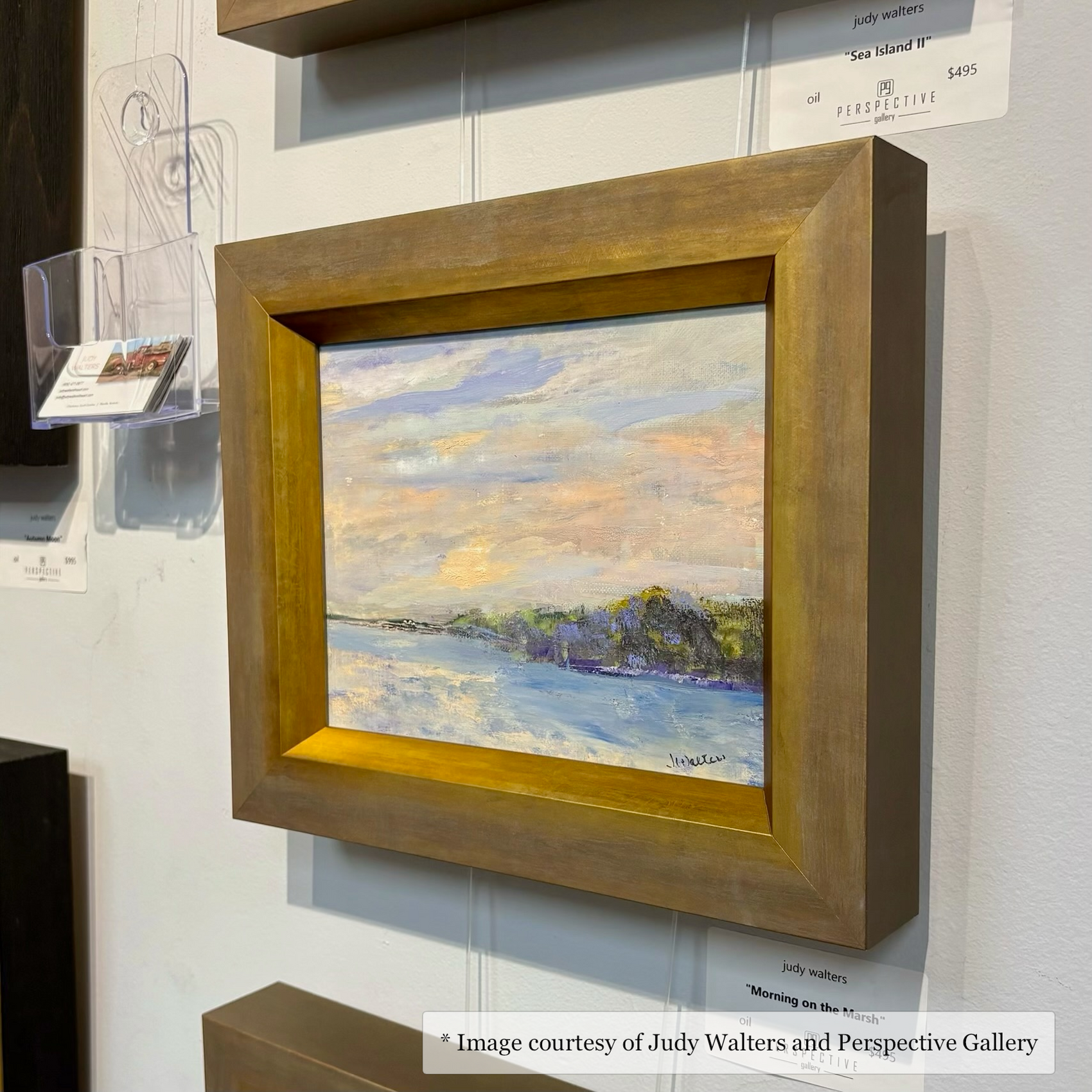Impressionist coastal landscape painting by Judy Walters, framed in a Deep Contemporary Gold frame from Perspective Gallery, Drayton. Captures the light and atmosphere of the coast.