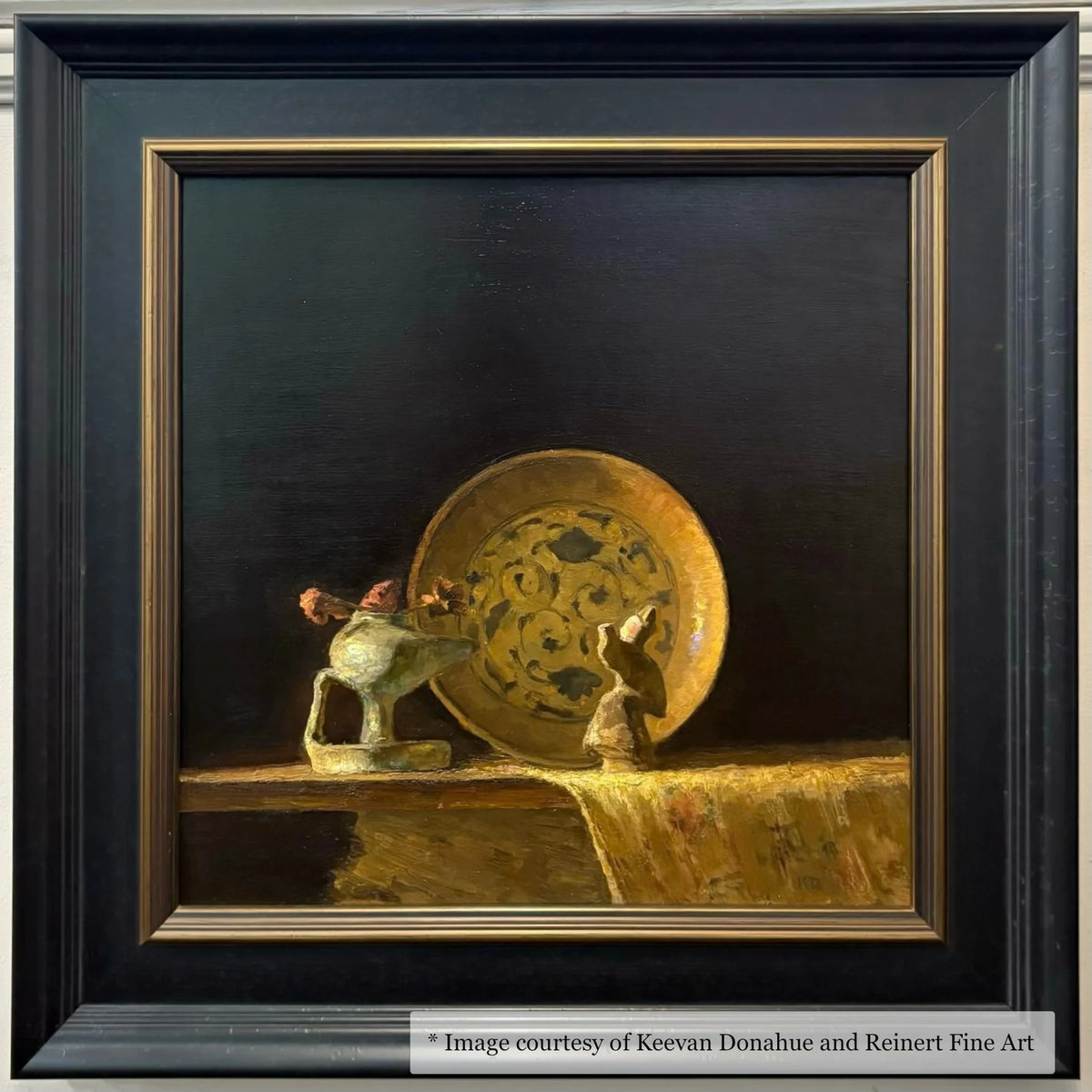 Realist still life painting by Keevan Donahue, framed in a wide black and gold frame at Reinert Fine Art. Meeting of colors and forms.