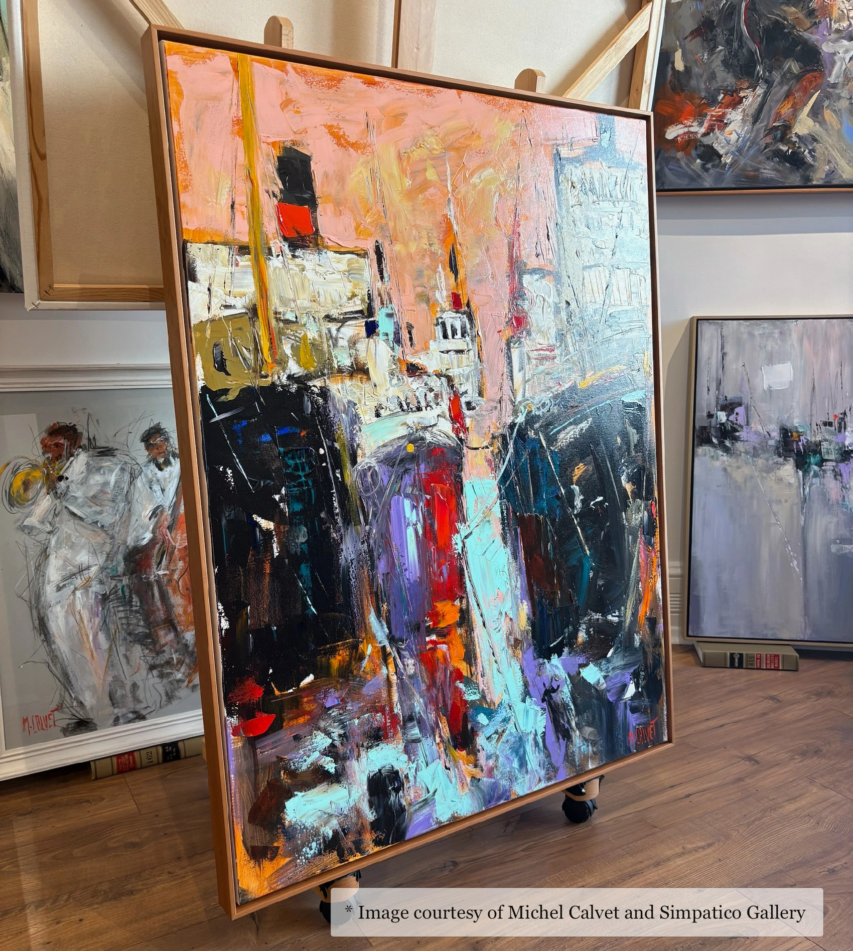 Impressionist painting of a harbor scene by Michel Calvet, 30×40, framed in a Kiawah Cherry Wood Floater Frame, on display at Simpatico Gallery