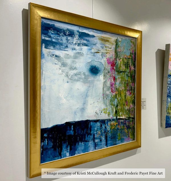 Abstract artwork by Kristi McCullough Kruft, 36 x 36, framed in a Kinston Gold & White Plein Air Frame, on display at Frederic Payet Fine Art