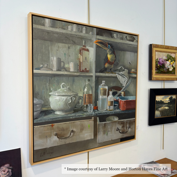 Surrealist figurative art by Larry Moore at Horton Hayes Fine Art, framed in a natural maple floater frame. Interior scene.