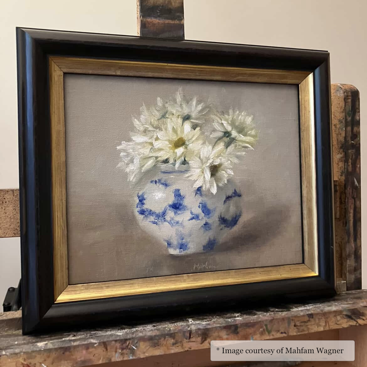 Impressionist still life artwork by Mahfam Wagner, framed in a black and gilded gold Archdale frame, displayed at Unknown Gallery.