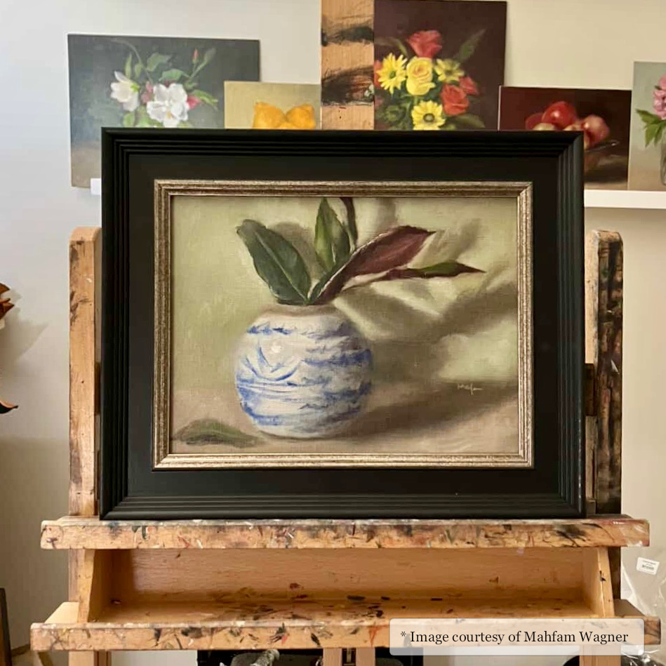 Impressionist still life artwork by Mahfam Wagner, framed in a Rutledge Plein-Air black and silver frame. Unknown gallery.