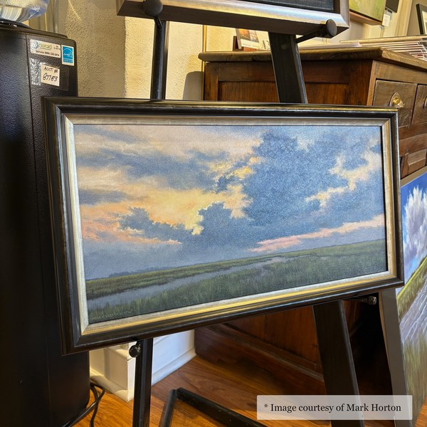 Impressionist marsh landscape painting by Mark Horton, framed in a black gilded silver Archdale frame, displayed at Unknown Gallery.