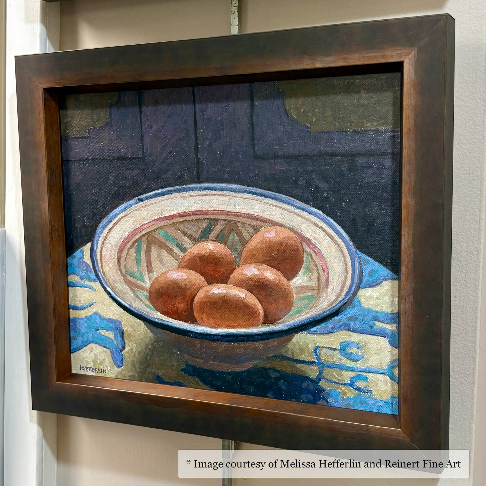 Contemporary still life artwork by Melissa Hefferlin at Reinert Fine Art, Bluffton, framed in a warm rustic dark frame.