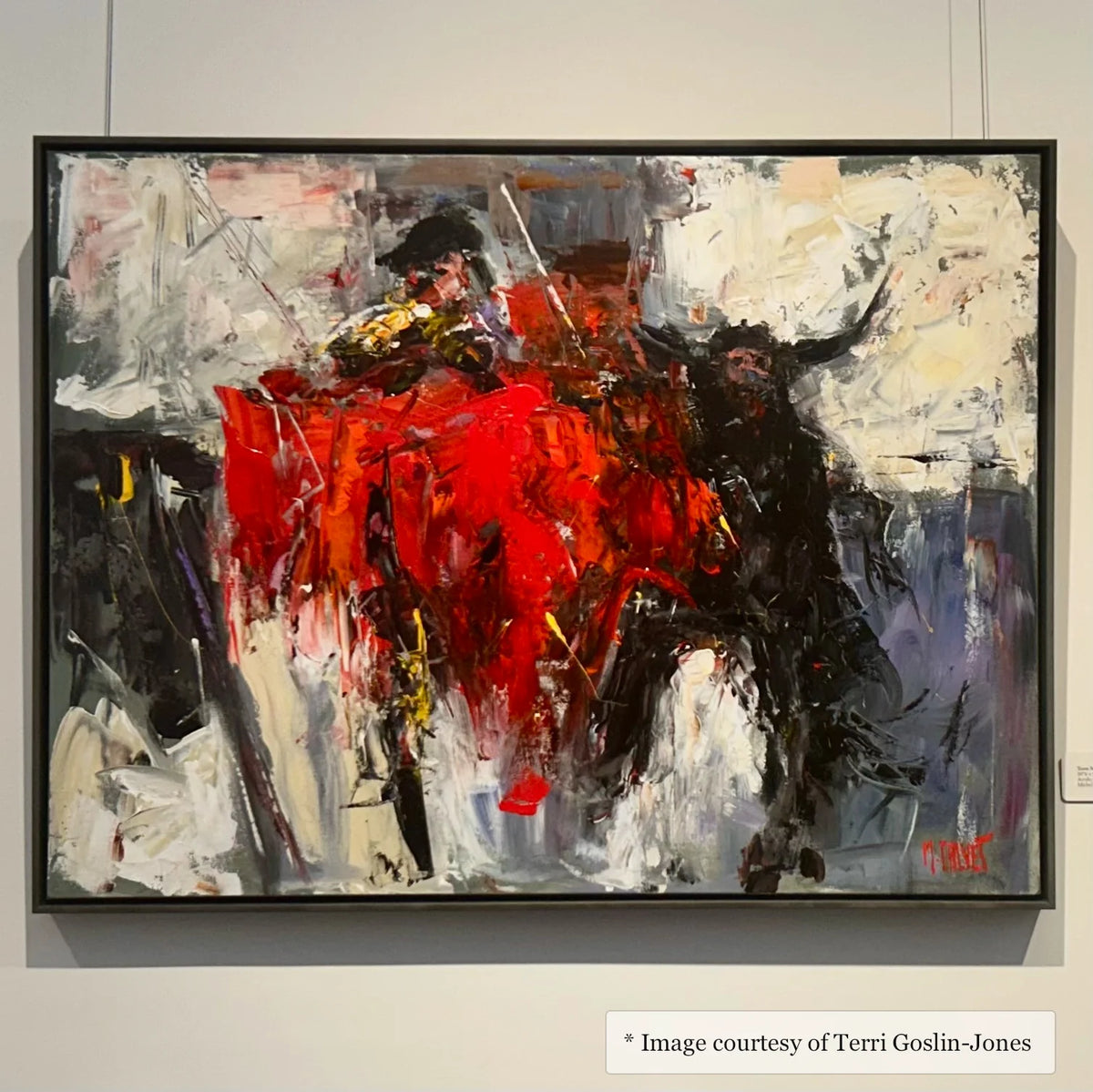Impressionist figurative artwork by Michel Calvet, framed in an ebonized wood floater frame from Kiawah, exhibited at Simpatico Gallery.
