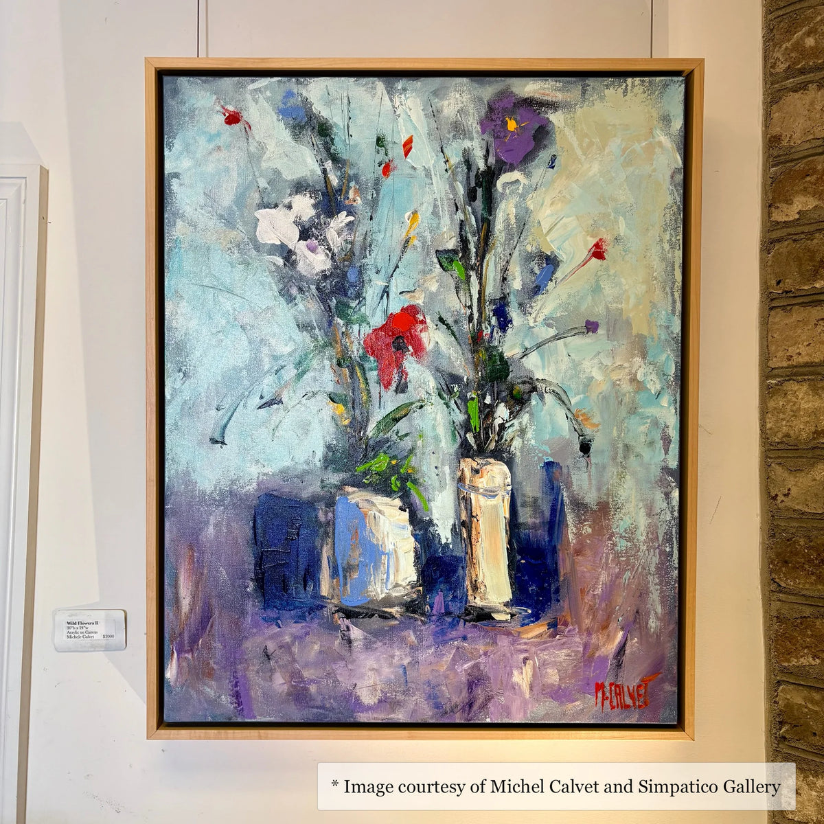 Impressionist floral artwork by Michel Calvet, framed in a natural maple floater frame at Simpatico Gallery, Newbury.