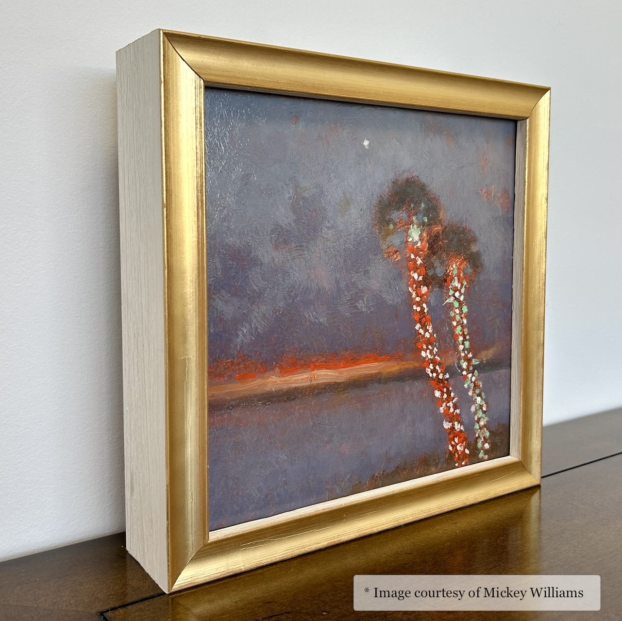Impressionist coastal landscape painting by Mickey Williams, framed in a Gadsden thin gold and white frame. Artwork displayed at an unknown gallery.
