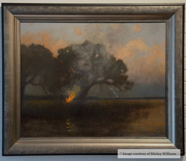 Impressionist coastal landscape painting by Mickey Williams, framed in Italian dull silver. Scene depicts a seascape with vibrant colors, similar to works found in Impressionist art galleries.