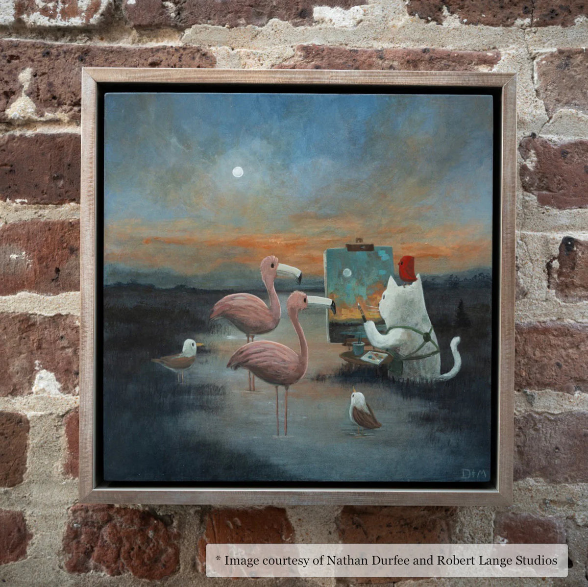 Surrealist figurative artwork by Nathan Durfee, framed in an Italian Champagne Floater Frame from Robert Lange Studios, showcasing a unique and captivating style.