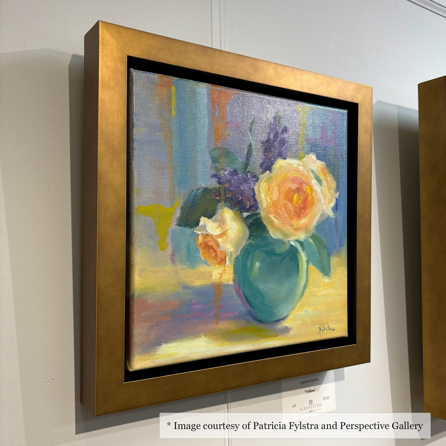 Impressionist floral artwork by Patricia Fylstra, framed in a wide gold floater frame, displayed at Perspective Gallery.