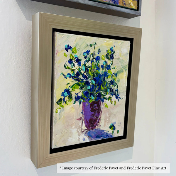 Impressionist painting of a floral by Frederic Payet, 11 x 14", framed in a Pitt Wide Champagne Floater Frame, on display at Frederic Payet Fine Art