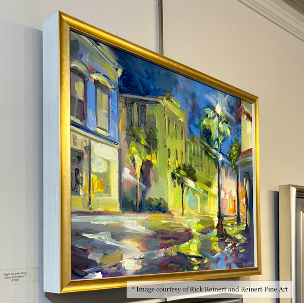 Impressionist urban landscape artwork by Rick Reinert, framed in a Gadsden thin gold and white frame, exhibited at Reinert Fine Art.