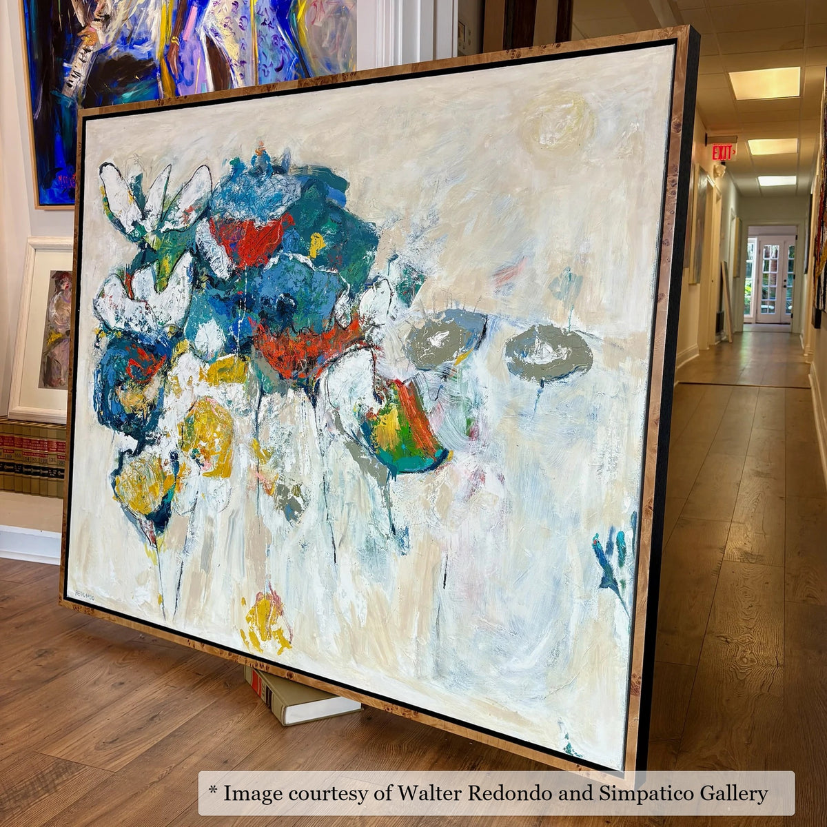 Romney Poplar Burl frame on an Abstract painting by Walter Redondo, at Simpatico Gallery