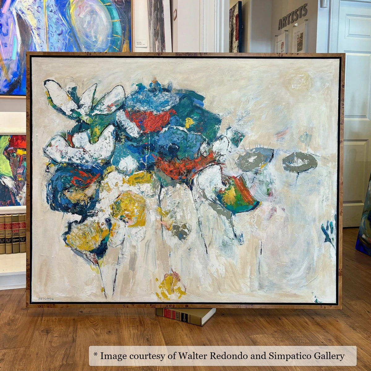 Romney Poplar Burl frame on an Abstract painting by Walter Redondo, at Simpatico Gallery