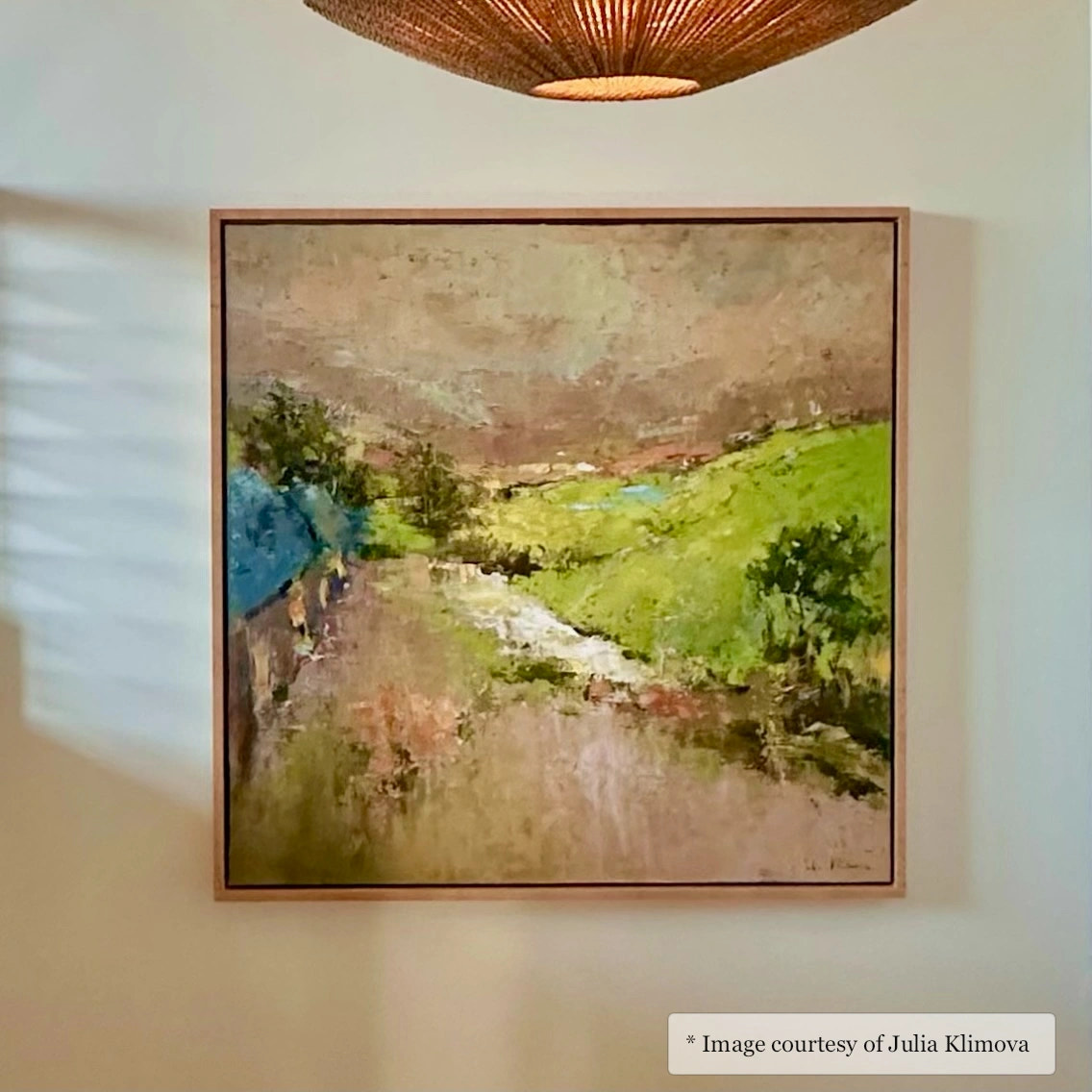 Impressionist painting of a landscape by Julia Klimova, 40x40, framed in a Romney Birdseye Maple Floater Frame
