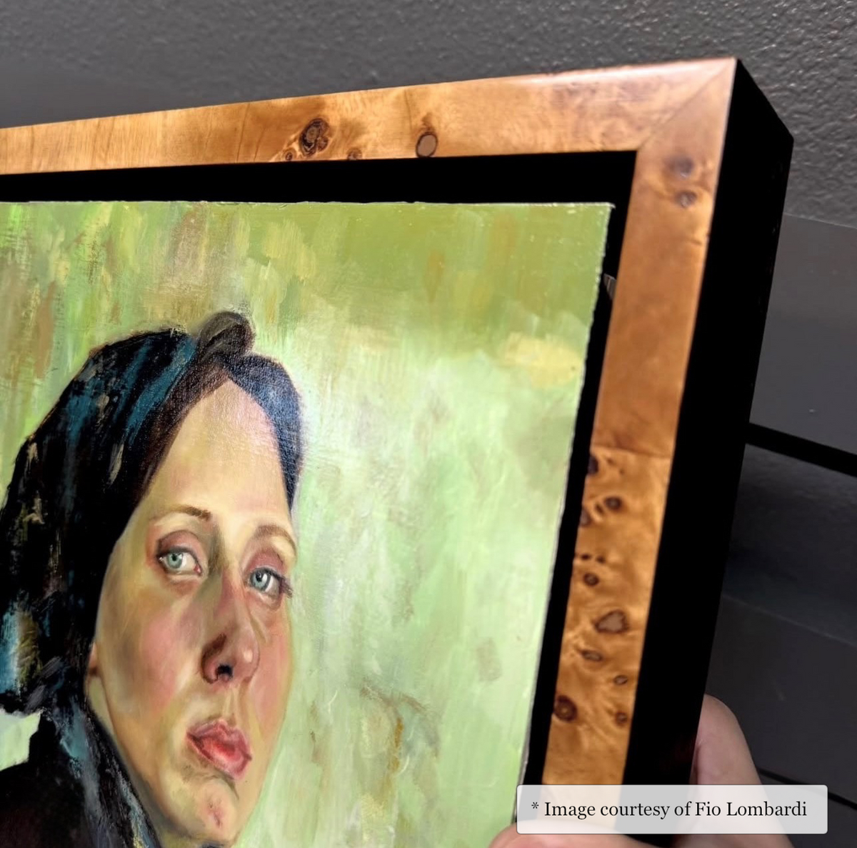 20x16 Romney - Poplar Burl Floater Frame Realist painting of Portrait by Fio Lombardi