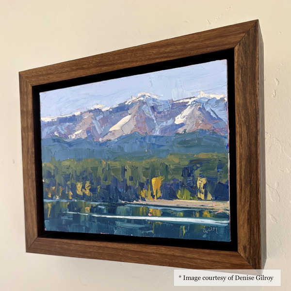 Impressionist painting of a mountain landscape by Denise Gilroy, 8×10, framed in a Romney Walnut Floater Frame