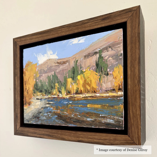 Impressionist painting of a mountain landscape by Denise Gilroy, 8×10, framed in a Romney Walnut Floater Frame