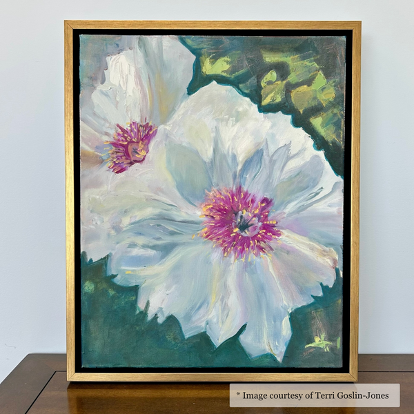 Impressionist floral artwork by Terri Goslin-Jones, framed in a gold and black floater frame (Hailey). Unknown gallery.