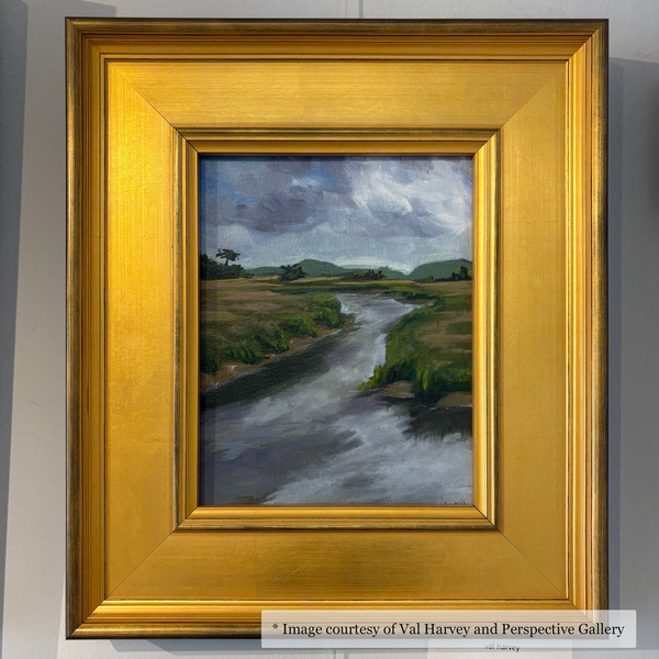 Impressionist marsh landscape painting by Val Harvey in a wide gold Vendue frame, from Perspective Gallery.