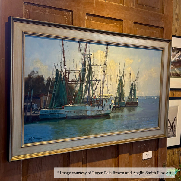 Contemporary painting of a harbor scene by Roger Dale Brown, framed in a Vendue Wide Silver Frame, on display at Anglin Smith Fine Art