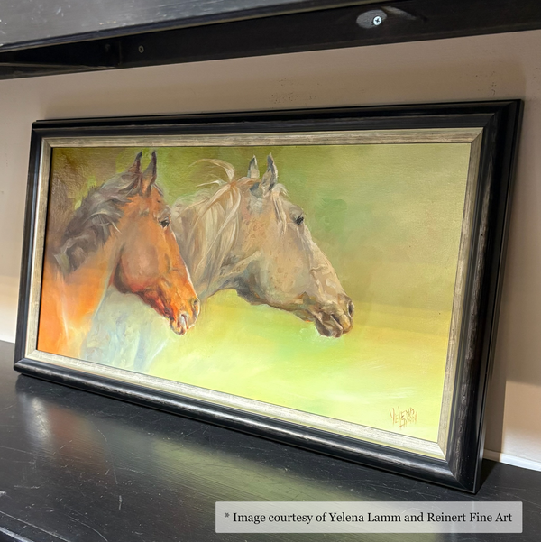 Impressionist painting of a horse by Yelena Lamm, framed in a Black Gilded Silver Archdale frame. Gallery Reinert Fine Art.