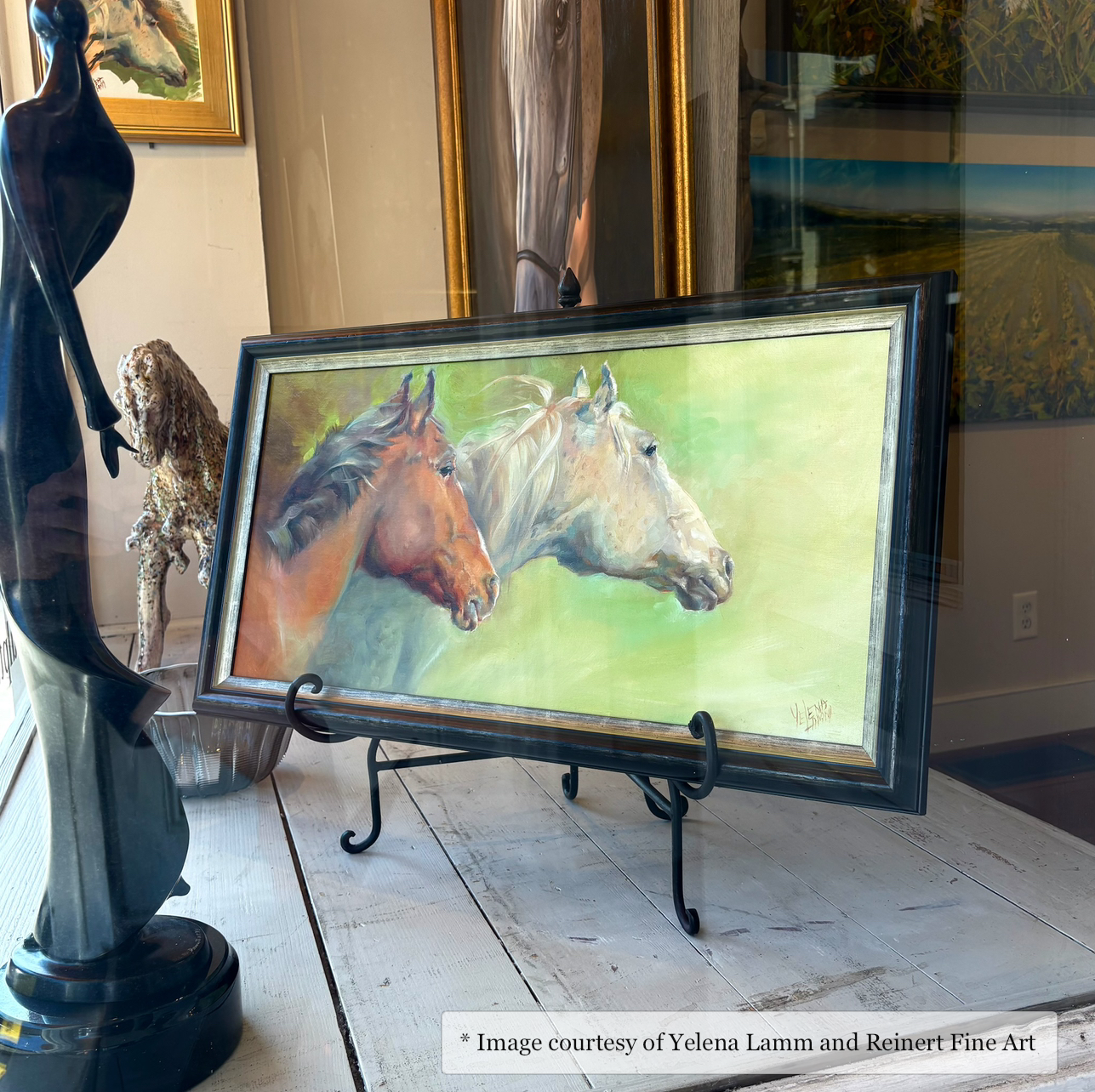 Contemporary artwork of a horse by Yelena Lamm, framed in a Black Gilded Silver Archdale frame. Featured at Reinert Fine Art.