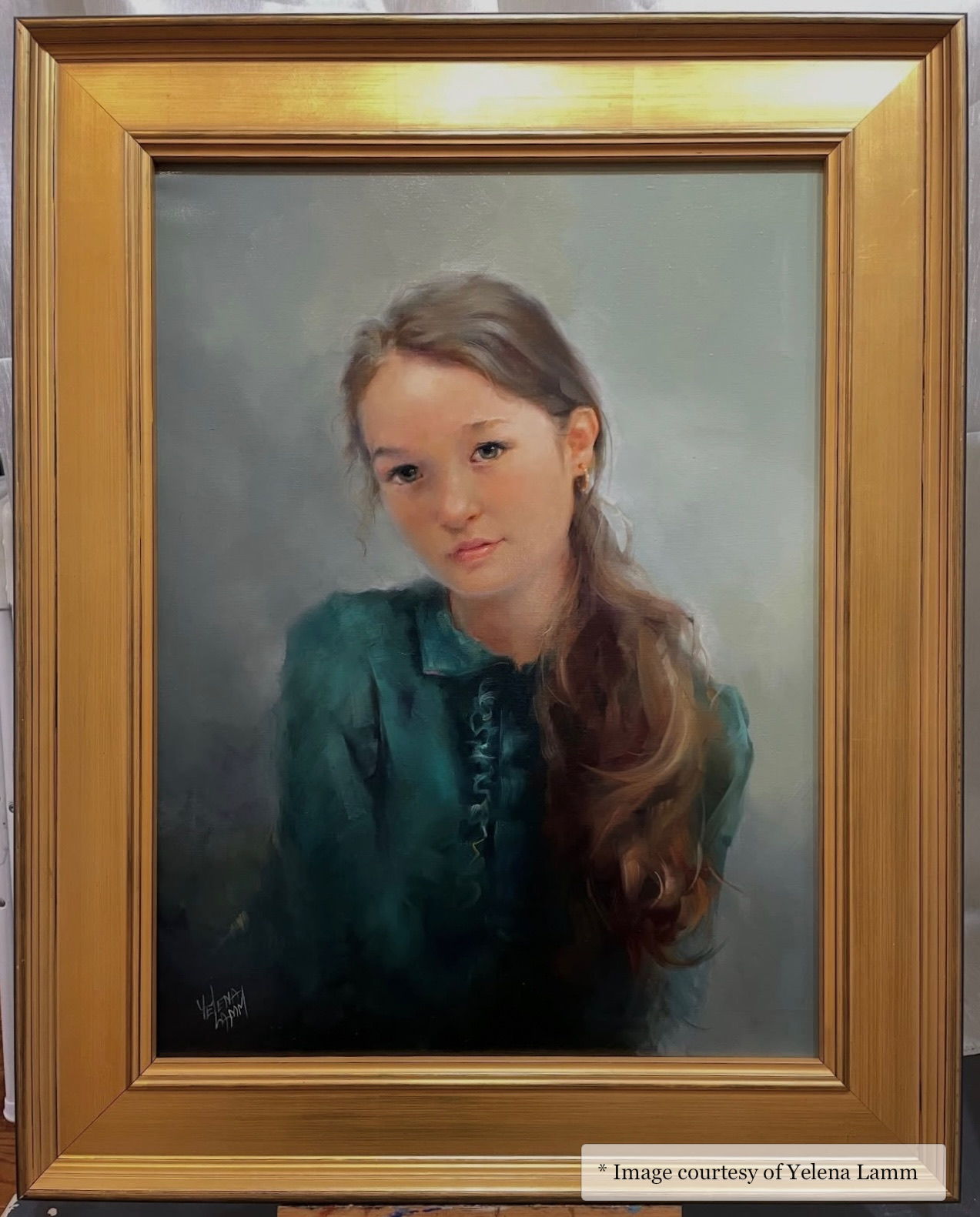 Portrait artwork by Yelena Lamm in a gold frame, contemporary style, at Gallery Unknown. Vendue-Wide artist frame.
