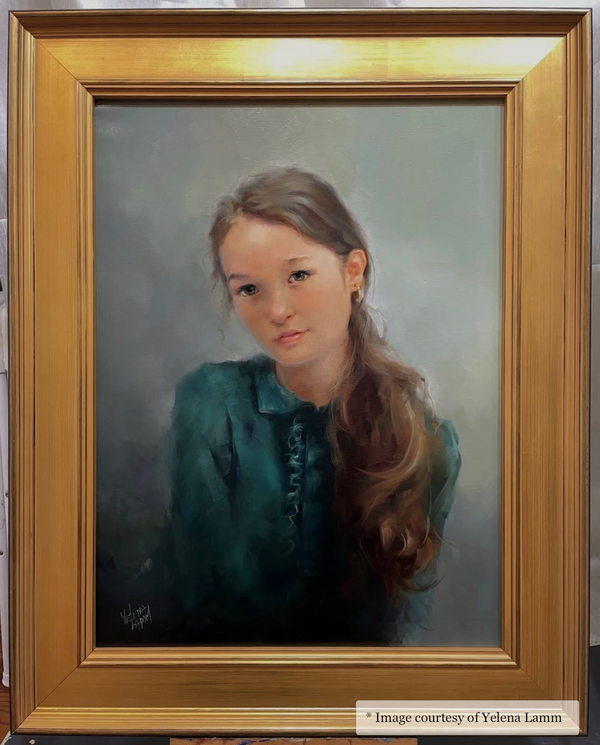 Portrait artwork by Yelena Lamm in a gold frame, contemporary style, at Gallery Unknown. Vendue-Wide artist frame.